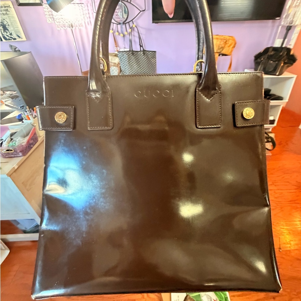 Gucci Shiny Chocolate Brown Patent Tote with Gold Accents